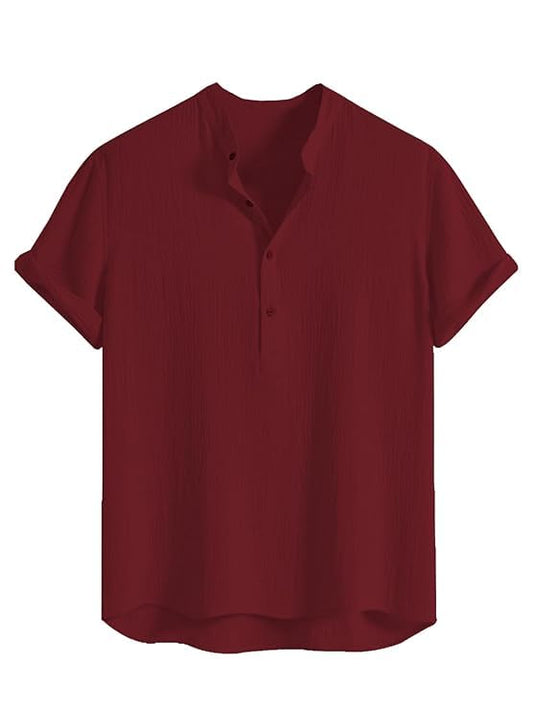 Trillmixa MenS Polyester Shirt With Mandarin Collar Neck Line Half Sleeves Solid Pattern Relaxed Fit And Standard Length Maroon