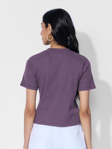 The Souled Store Ribbed T-Shirt: Berry Women and Girls Short Sleeves Round Neck Polyester Blend Regular Fit T-Shirts