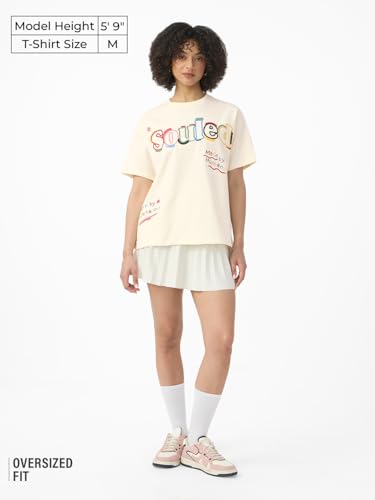 The Souled Store Souled Originals: Colour Blast Women and Girls Short Sleeves Round Neck Off White Embroidered Cotton Oversized