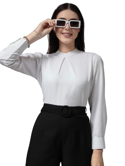 Style Quotient Women White Smart Opaque Band Collar Full Sleeves Smart Top