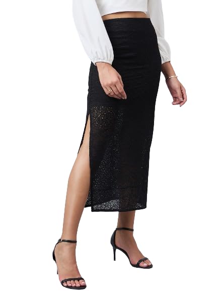 Style Quotient Women Self Design Black Cotton Lace Regular Fit Smart Casual Pencil Skirt