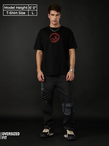 The Souled Store Jurassic World: Error Men and Boys Short Sleeves Round Neck Black Graphic Printed Cotton Breathable Lightweight