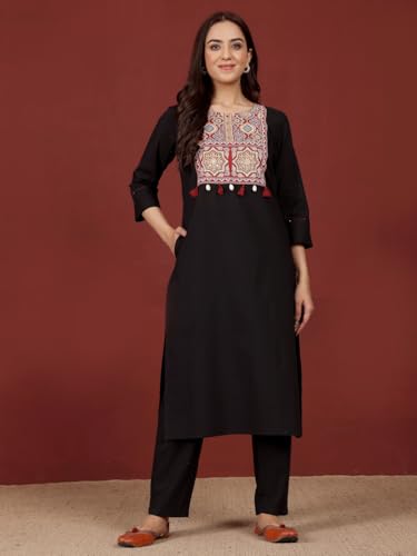 Varanga Women Jaipuri Ethnic Printed Yoke with Tassel & Shell Detailed Straight Kurta Black