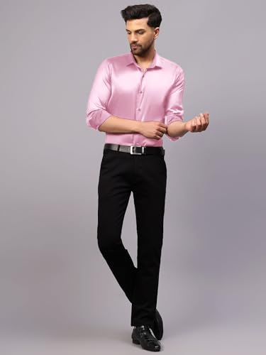 Indoprimo MenS Premium Solid Satin Casual Party Shirt Full Sleeve Baby Pink