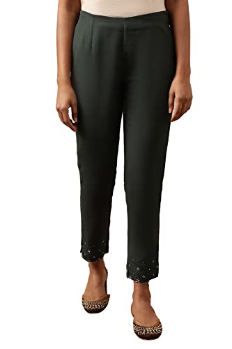 W for Woman Folksong Cotton Blend Strechable Slim Pants for Women | Cotton Blend Slim Pants for Women | Trousers for Women Green