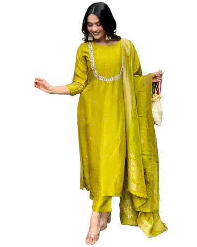 GoSriKi Womens Silk Blend Straight Embroidered Kurta with Pant & Dupatta (Deluxe GREEN-VKS01-GS_S_Green_Small)