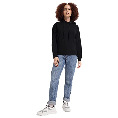 Bewakoof Womens Solid Oversized Fit Full Sleeve Terry Hoodies Black