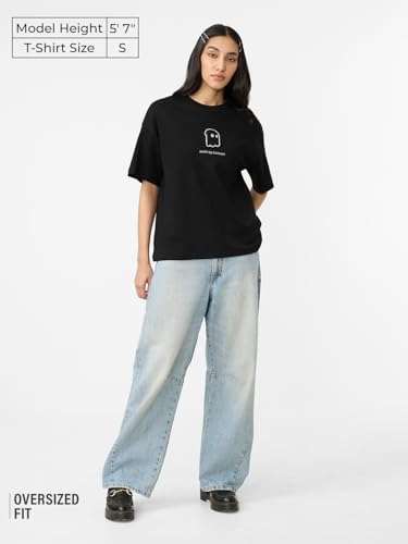 The Souled Store Holograph Women and Girls Short Sleeves Round Neck Black Graphic Printed Cotton Oversized T-Shirts