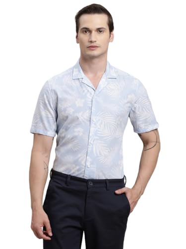 Turtle Men Cotton Tencel Light Blue Printed Half Sleeve Casual Shirt