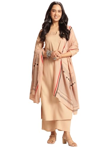ANNI DESIGNER Womens Rayon Viscose Solid Straight Kurta with Pant & Dupatta (Raja Saab Beige-VKS09_L_Beige_Large)