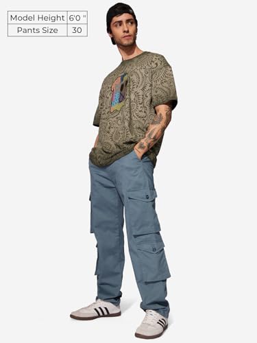The Souled Store Solids: Steel Blue Men and Boys Buttoned Cotton Blend Straight Fit Cargo Pants