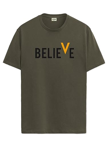 ADRO Men's Believe Design Printed T-Shirt (S, Olive Green)
