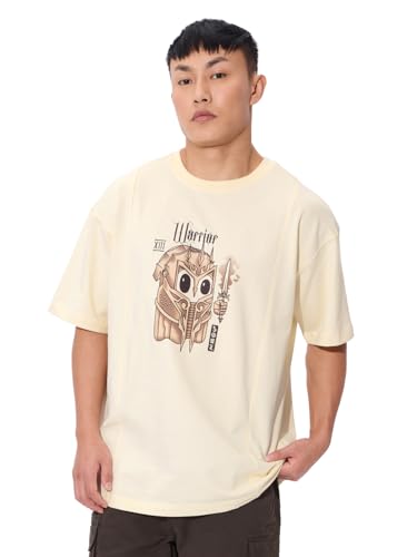 The Souled Store Warrior Soul Men And Boys Short Sleeves Round Neck Yellow Graphic Printed Cotton Oversized T-Shirts
