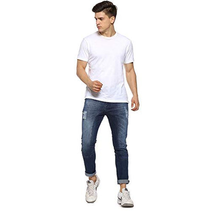 Campus Sutra Mens Navy Blue Lightly Distressed Denim Jeans for Casual Wear | Dark-Wash | Button Closure | Regular Fit | Denim J