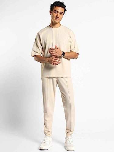 Nobero Men Cotton Blend Solid Sand Oversized Moses - Brown Popcorn Textured Co-Ord Set - Crew-Neck T-Shirt & Joggers Set