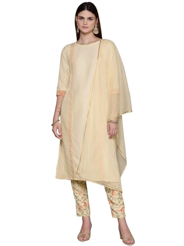 ZIYAA Women's Cream Chinon Kurta,Pant set with Dupatta (ZISKDCH4081-RL)