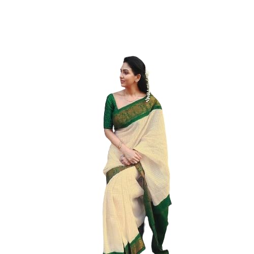 Flosive WomenS Beautiful Off White Kanjivaram Silk Saree With Zari Weaving With Blouse (Off White & Green)