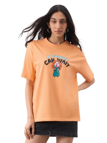 The Souled Store Disney: Women and Girls Short Sleeves Round Neck Orange Typography Graphic Printed Cotton Lightweight Everyday