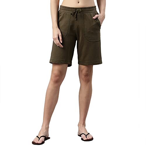 Enamor Essentials Womens Mid Rise Relaxed Fit 100% Cotton Knee Length Shorts Bermuda with Elasticated Waistband and Pockets - E