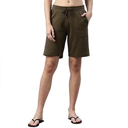 Enamor Essentials Womens Mid Rise Relaxed Fit 100% Cotton Knee Length Shorts Bermuda with Elasticated Waistband and Pockets - E