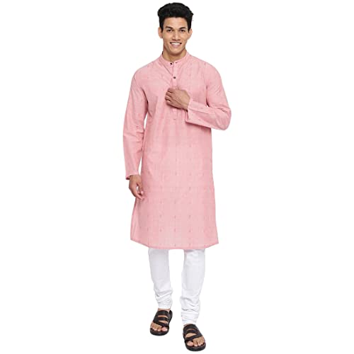 Fabindia Men Cotton Slim Fit Geometric Long Kurta Pink_L