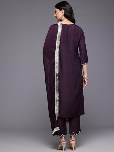 Varanga Women Purple Thread Embroidered Sequins Embellished Straight Kurta Paired With Bottom And Dupatta