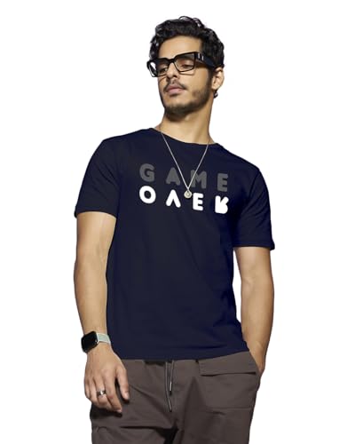 Bewakoof MenS Game Over Printed 100% Cotton T-Shirt - Regular Fit, Round Neck, Half Sleeves Blue