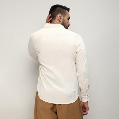 Campus Sutra Mens Pale Yellow Self-Design Striped Shirt for Casual Wear | Spread Collar | Long Sleeve | Button Closure | Shirts