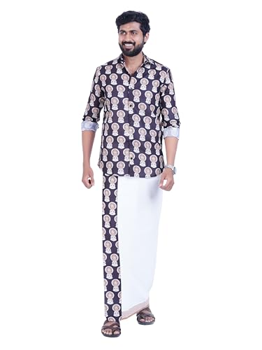 Prakasam Cotton Mens Colour Onam Special Printed Full Sleeve Slim Fit Multi Colour Shirt Matching With Border Single Dhoties For