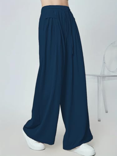 Greciilooks WomenS Loose High Rise Textured Trousers | High-Waisted Pant | Korean Trousars Blue