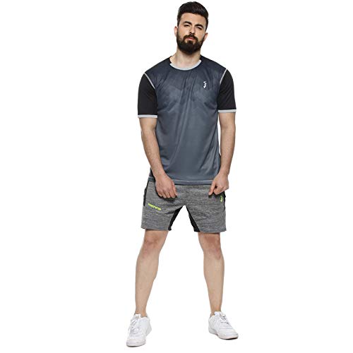 Campus Sutra Mens Charcoal Grey Geometric Activewear T-Shirt for Casual Wear | Crew Neck | Short Sleeve | Pull On Closure | Pol