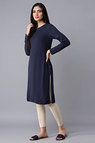 W for Woman Women's Acrylic Dark Blue Slim Fit Winter Dress Knee-Length