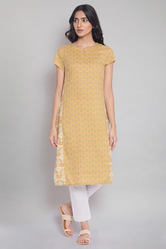 W for Woman Yellow Printed Rayon Straight Kurta & Green Printed Cotton Straight Kurta Combo