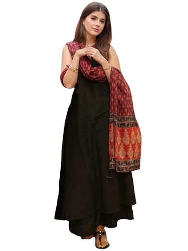 ANNI DESIGNER Womens Rayon Viscose Solid A-Line Kurta with Palazzo & Dupatta (UMIKA BLACK-VKS01_M_Black_Medium)