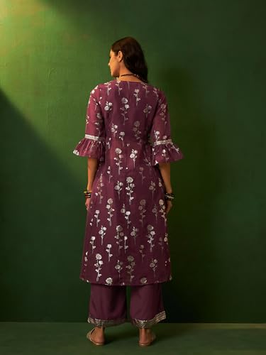 ZIYAA Women Onion Pink Organza Flare Kurta Palazzo Set