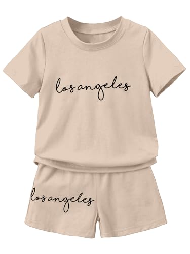 AVANOVA Boys Pista 2pcs/Set Young Boy Loose Comfortable T-Shirt With Los Angeles Print And Shorts, Casual Cute Style Suitable F