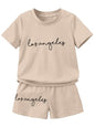 AVANOVA Boys Pista 2pcs/Set Young Boy Loose Comfortable T-Shirt With Los Angeles Print And Shorts, Casual Cute Style Suitable F
