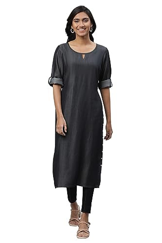 Aurelia Women's Black Solid Yarn Dyed Tencil Denim Straight Kurta