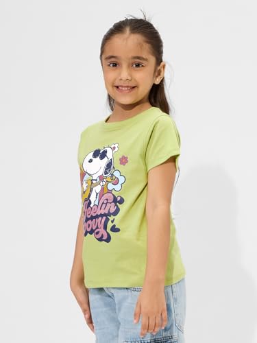 The Souled Store Peanuts: Groovy Vibes Girls Short Sleeves Round Neck Green Graphic Printed Cotton T-Shirts