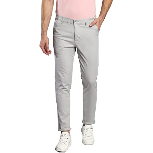 Dennis Lingo MenS Cotton Solid Casual Trousers, Tapered Fit, Mid Rise, Stretchable Ankle Length Chino Trousers Light Grey