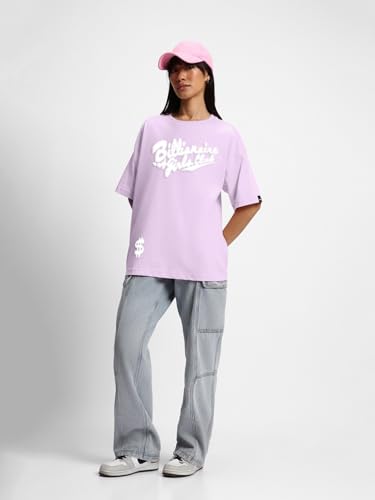 Bewakoof Womens Billionaire Girls Club Graphic Printed 100% Cotton T-Shirt - Oversized Fit, Round Neck, Half Sleeves_604125_Pur