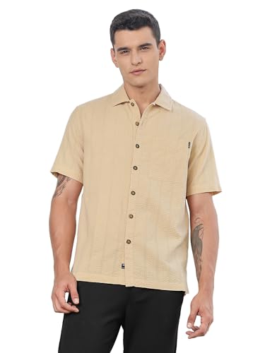 Thomas Scott Mens | Stripes | Seer Sucker Fabric | Spread Collar | Half Sleeve | Casual | Shirts for Men Beige