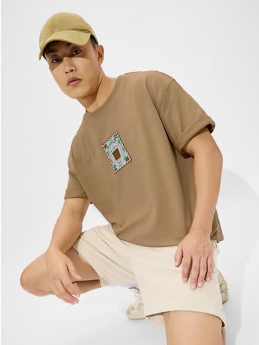 The Souled Store Chai Stamp Men And Boys Short Sleeves Round Neck Brown Graphic Printed Cotton Oversized T-Shirts