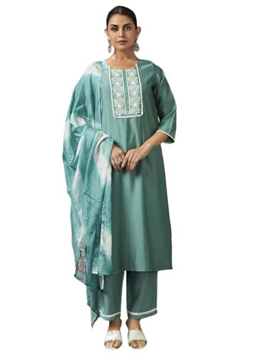 Sanisa Women's Viscose Chanderi Embroidery Work Straight Kurta with Pant and Dupatta Set