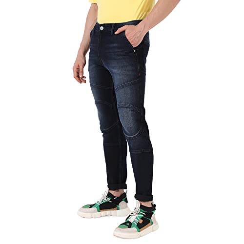 Campus Sutra Mens Classic Blue Textured Patterned Dark-Washed Regular Fit Denim Jeans | Premium Mid-Rise Cotton Stretchable Cra