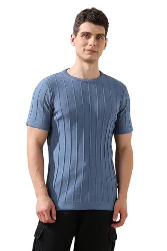 Dennis Lingo Men Steller Textured Round Neck Half Sleeves Regular Fit T-Shirts Blue