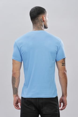 ADRO Men's V Neck Solid Cotton T-Shirt (VN-M-PLN-SK_SkyBlue)