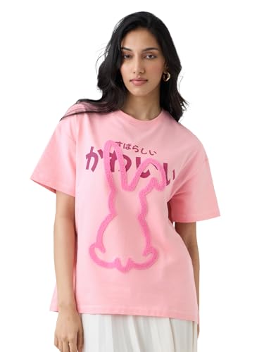 The Souled Store Oversized T-Shirt: Bunny Women and Girls Short Sleeves Round Neck Pink Embroidered Cotton Oversized T-Shirts