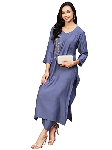 ANNI DESIGNER Women's Cotton Blend Straight Embroidered Kurta with Pant (Miti Blue-NW)