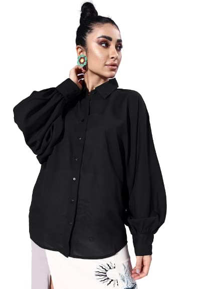 Style Quotient Women Solid Black Polyester Smart Casual Oversized Shirt